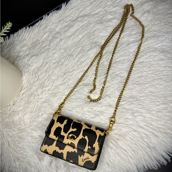 COACH Leopard Print Leather Flap Card Case with Crossbody Chain - Picture 9 of 11